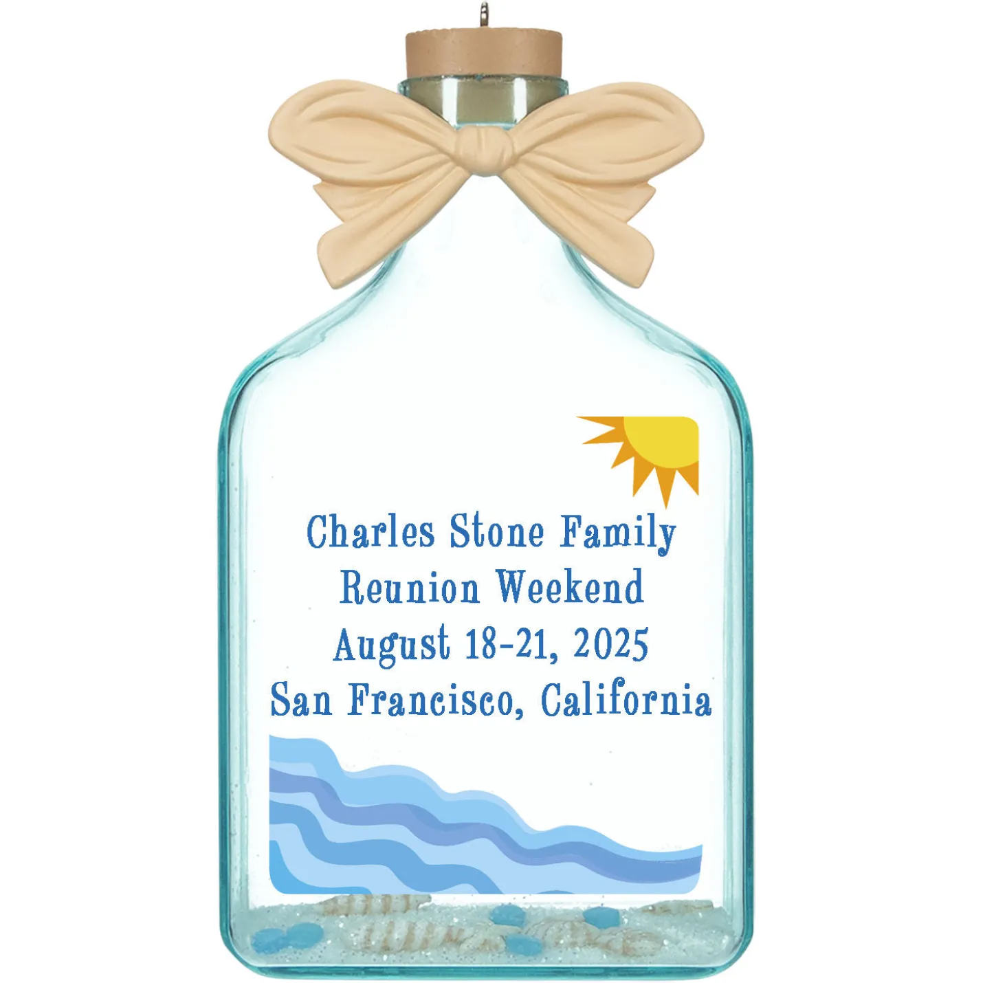 A Day at the Beach Sun & Waves Personalized Ornament, Custom Text