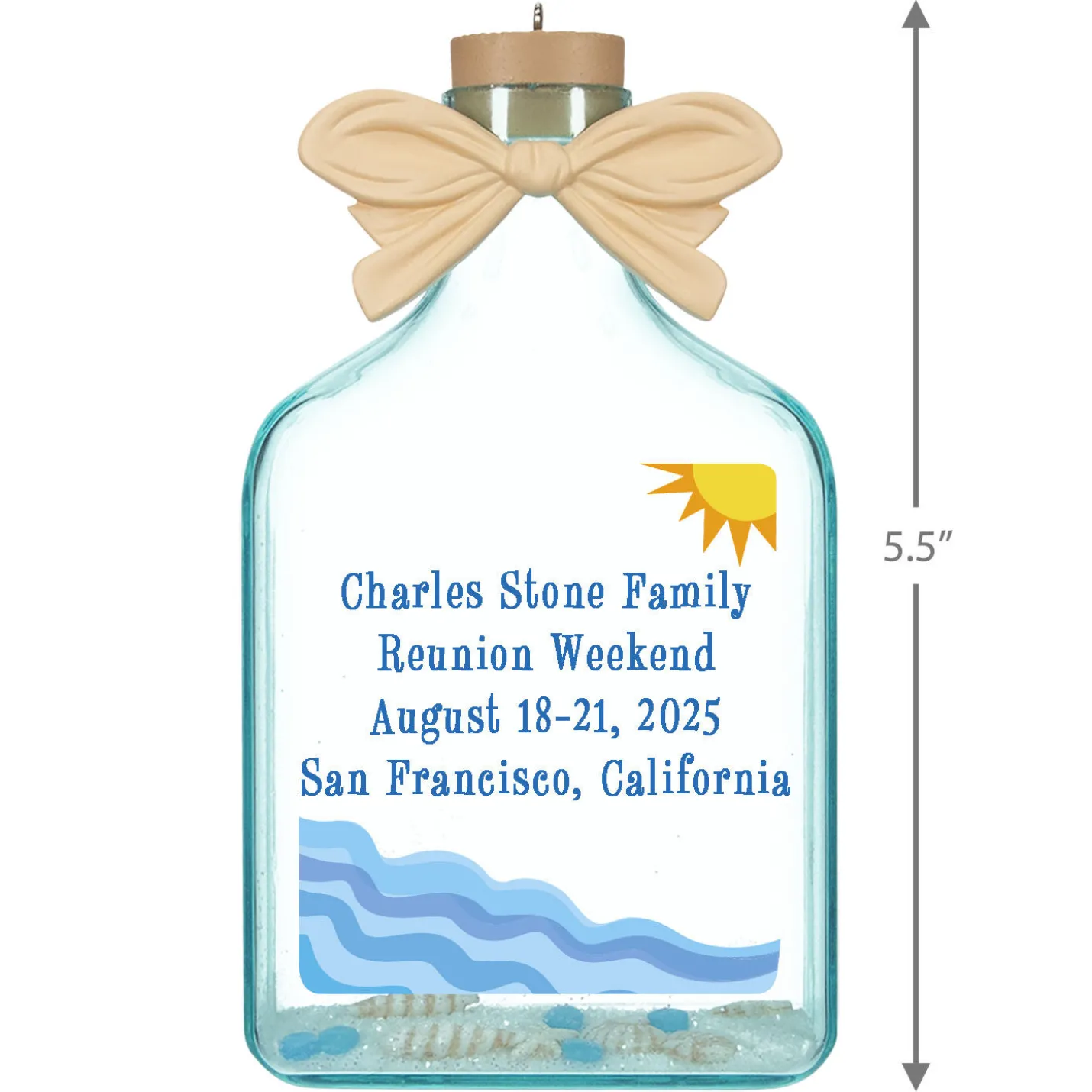 A Day at the Beach Sun & Waves Personalized Ornament, Custom Text