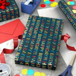All-Caps Happy Birthday on Navy Wrapping Paper Roll, 20 sq. ft.