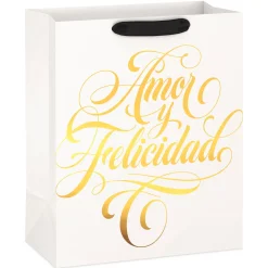13" Amor y Felicidad Gold Calligraphy Large Gift Bag