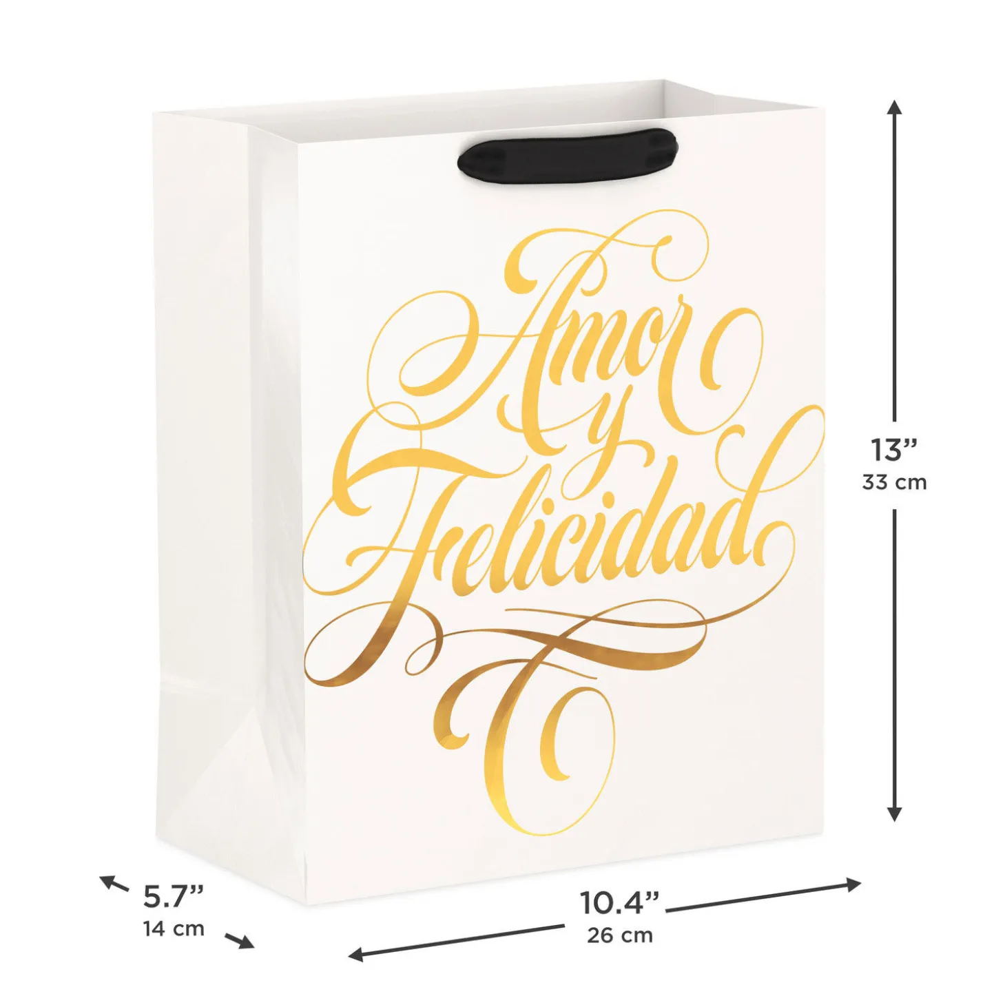 13" Amor y Felicidad Gold Calligraphy Large Gift Bag