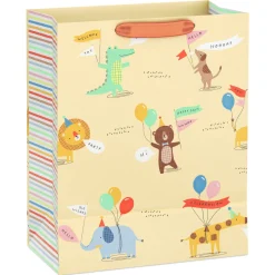 13" Animals in Party Hats With Balloons on Yellow Large Gift Bag