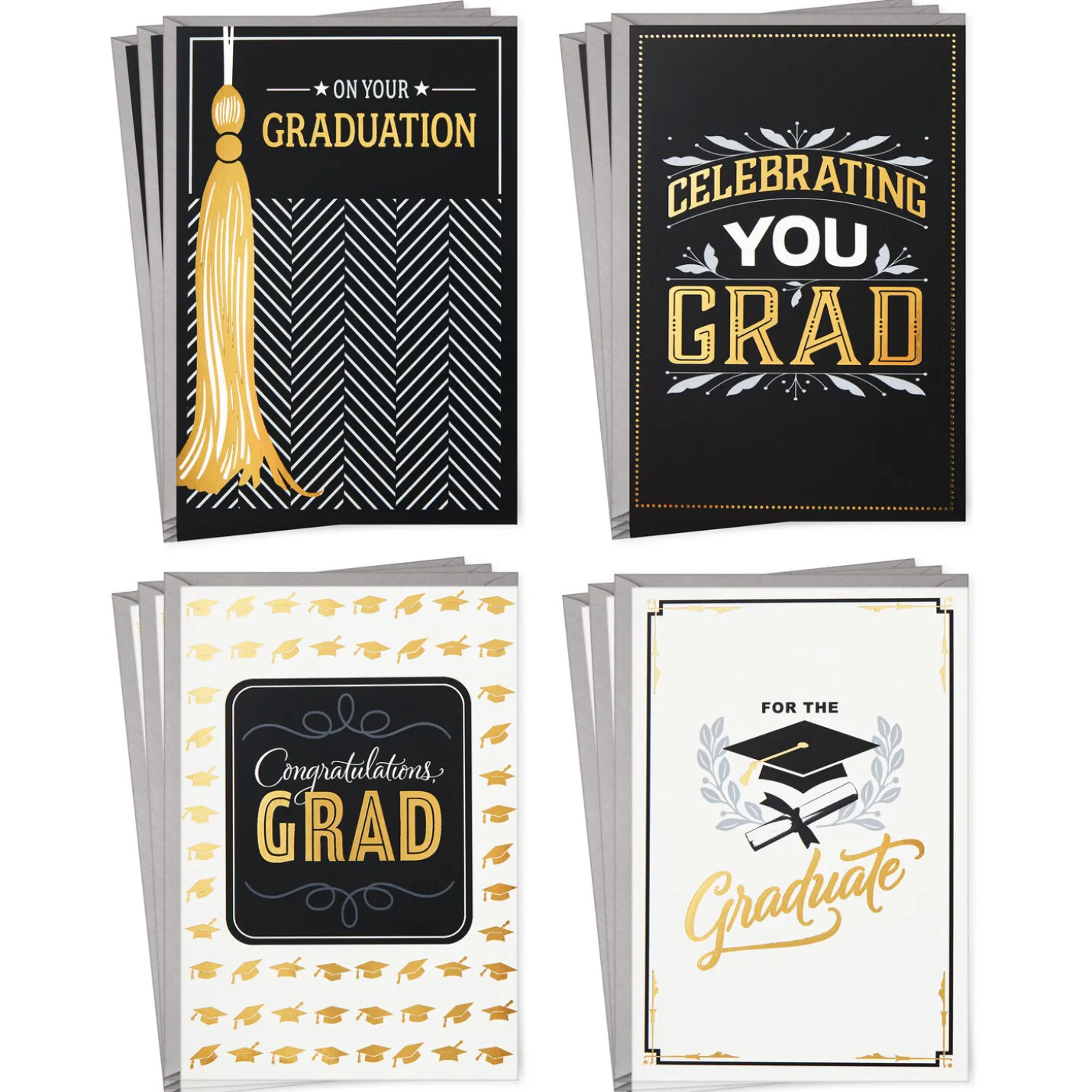 Assorted Black, White and Gold Graduation Cards, Pack of 12