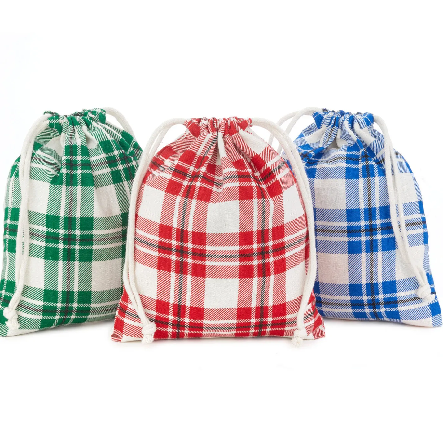 10" Assorted Plaid 3-Pack Fabric Gift Bags