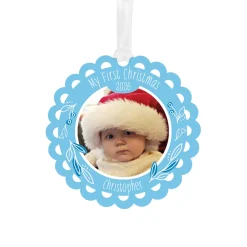 Baby's First Christmas Blue Scalloped Metal Personalized Ornament, Custom Photo and Text
