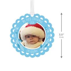 Baby's First Christmas Blue Scalloped Metal Personalized Ornament, Custom Photo and Text