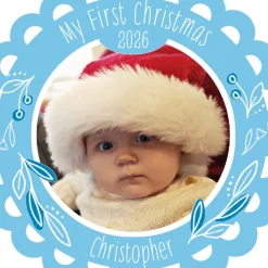 Baby's First Christmas Blue Scalloped Metal Personalized Ornament, Custom Photo and Text