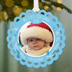 Baby's First Christmas Blue Scalloped Metal Personalized Ornament, Custom Photo and Text