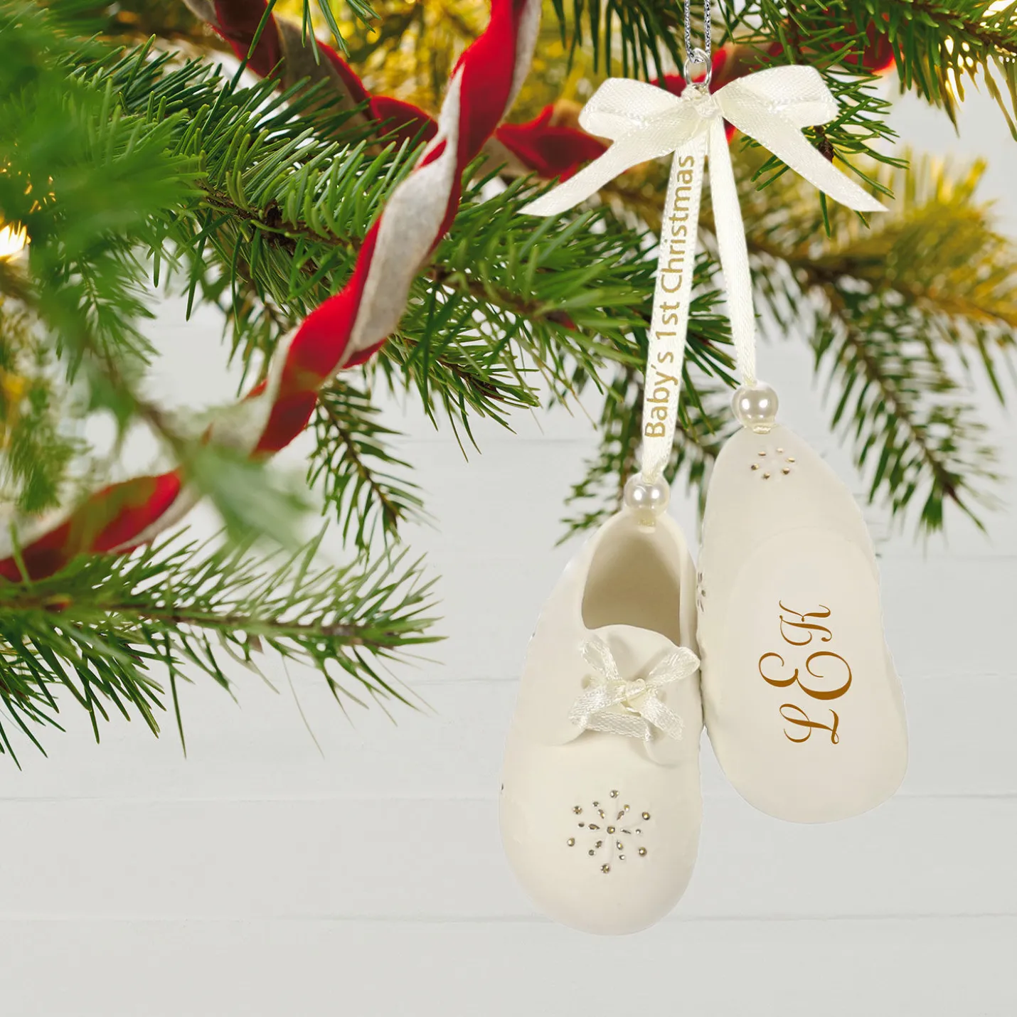 Baby’s First Christmas Monogram Booties Porcelain Personalized Ornament, Custom Text