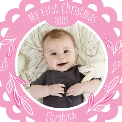 Baby's First Christmas Pink Scalloped Metal Personalized Ornament, Custom Photo and Text