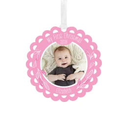 Baby's First Christmas Pink Scalloped Metal Personalized Ornament, Custom Photo and Text