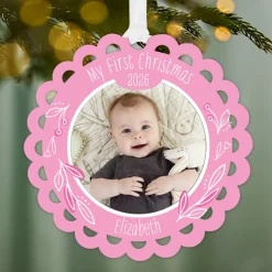 Baby's First Christmas Pink Scalloped Metal Personalized Ornament, Custom Photo and Text