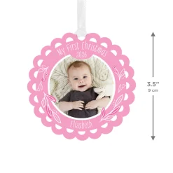 Baby's First Christmas Pink Scalloped Metal Personalized Ornament, Custom Photo and Text