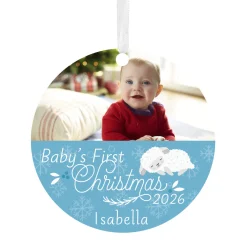 Baby's First Christmas Round Metal Personalized Ornament, Custom Horizontal Photo and Text