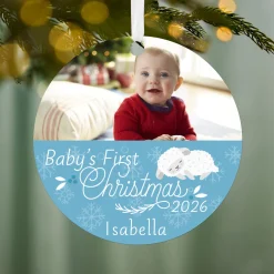 Baby's First Christmas Round Metal Personalized Ornament, Custom Horizontal Photo and Text