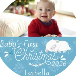 Baby's First Christmas Round Metal Personalized Ornament, Custom Horizontal Photo and Text
