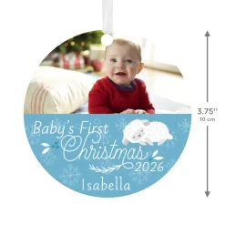 Baby's First Christmas Round Metal Personalized Ornament, Custom Horizontal Photo and Text