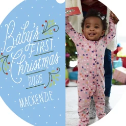 Baby's First Christmas Round Metal Personalized Ornament, Custom Vertical Photo and Text