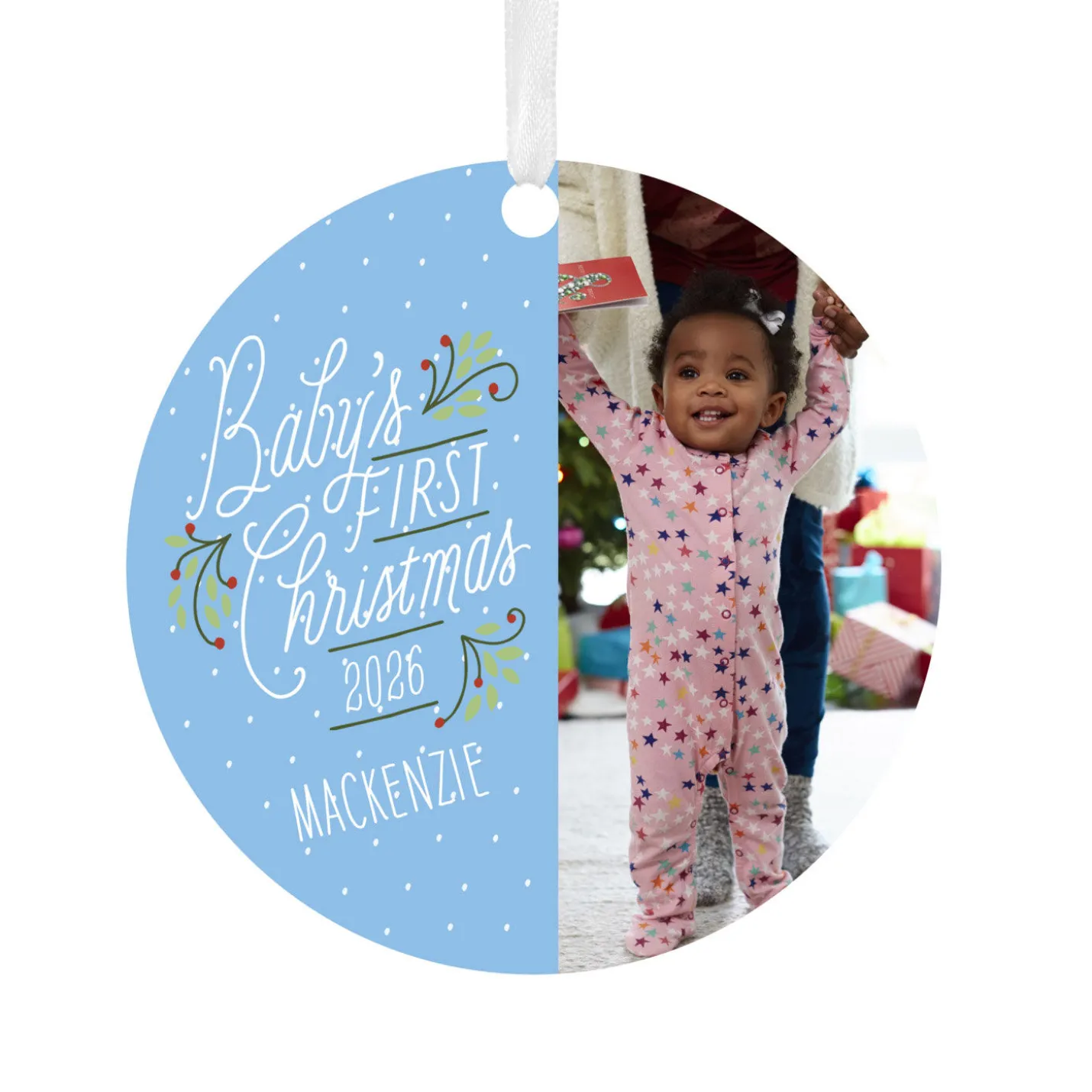 Baby's First Christmas Round Metal Personalized Ornament, Custom Vertical Photo and Text