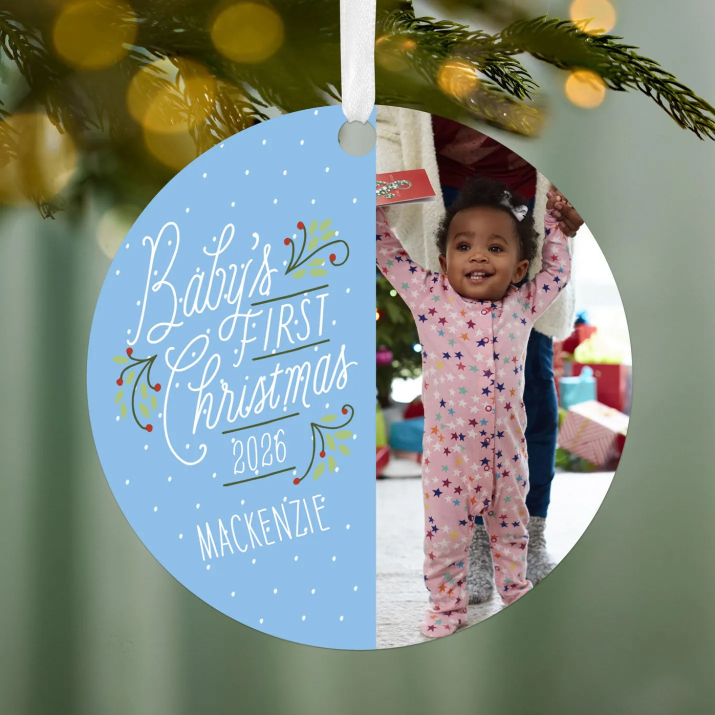 Baby's First Christmas Round Metal Personalized Ornament, Custom Vertical Photo and Text
