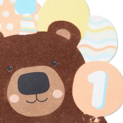 Bear With Present and Balloons First Birthday Card