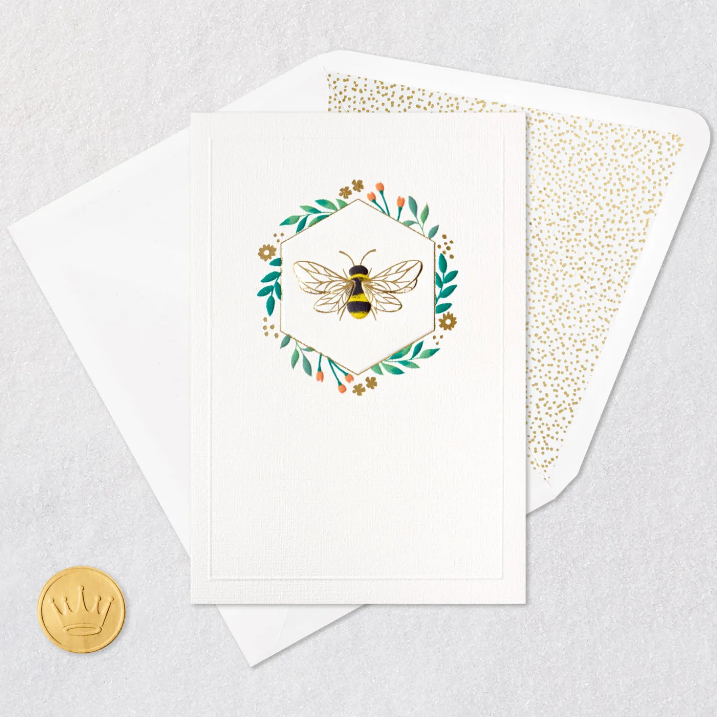 Bee in Hexagon of Flowers Blank Card