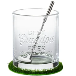 Best Grandpa Ever Lowball Glass With Golf Club Stirrer and Turf Coaster, 8.5 oz.