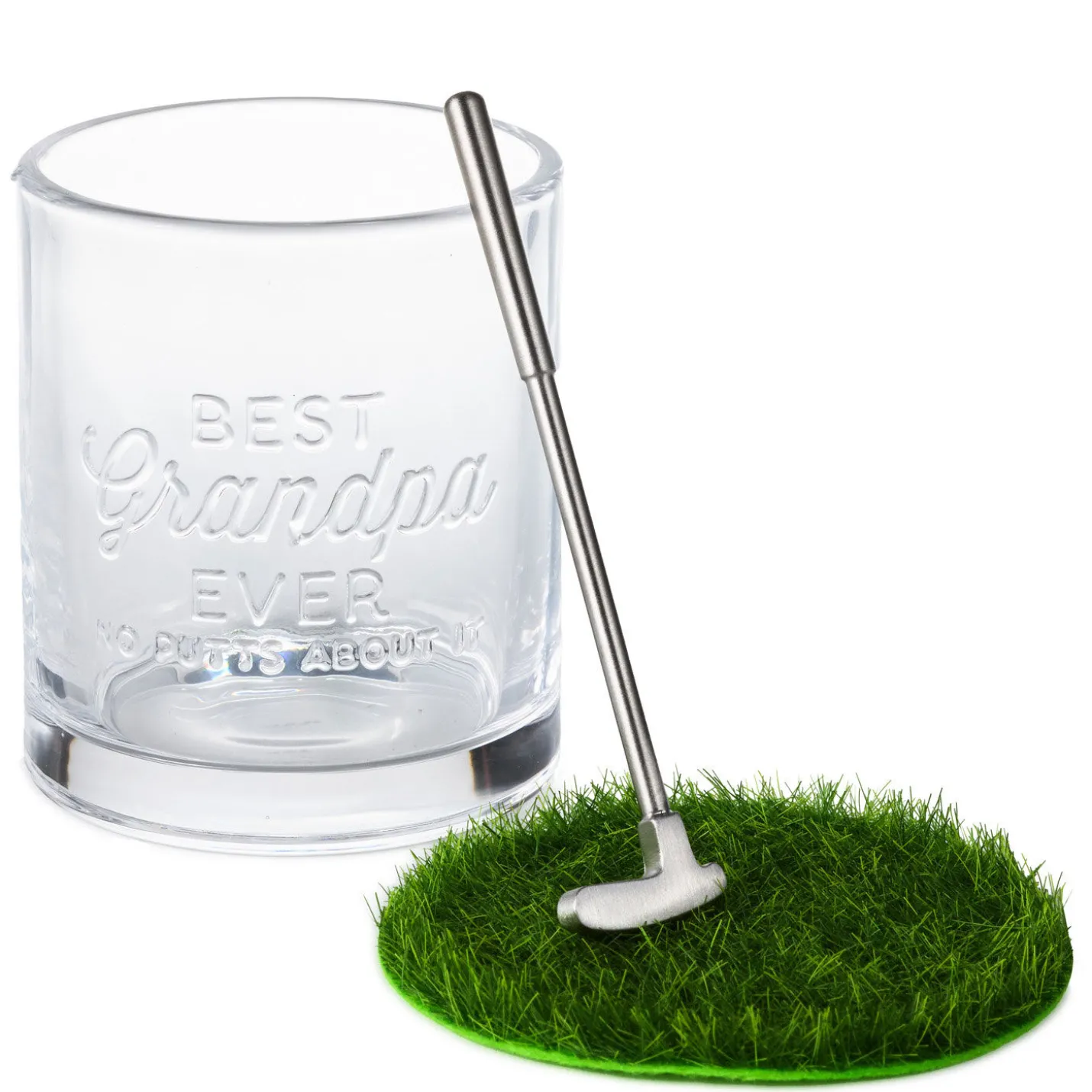 Best Grandpa Ever Lowball Glass With Golf Club Stirrer and Turf Coaster, 8.5 oz.