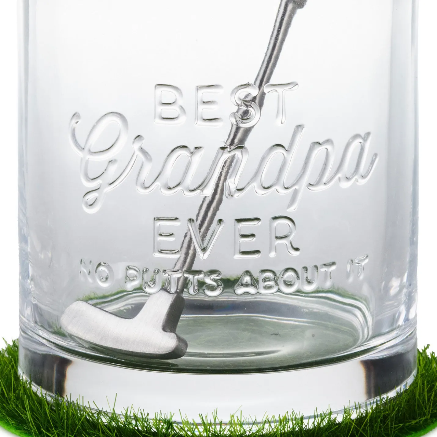 Best Grandpa Ever Lowball Glass With Golf Club Stirrer and Turf Coaster, 8.5 oz.
