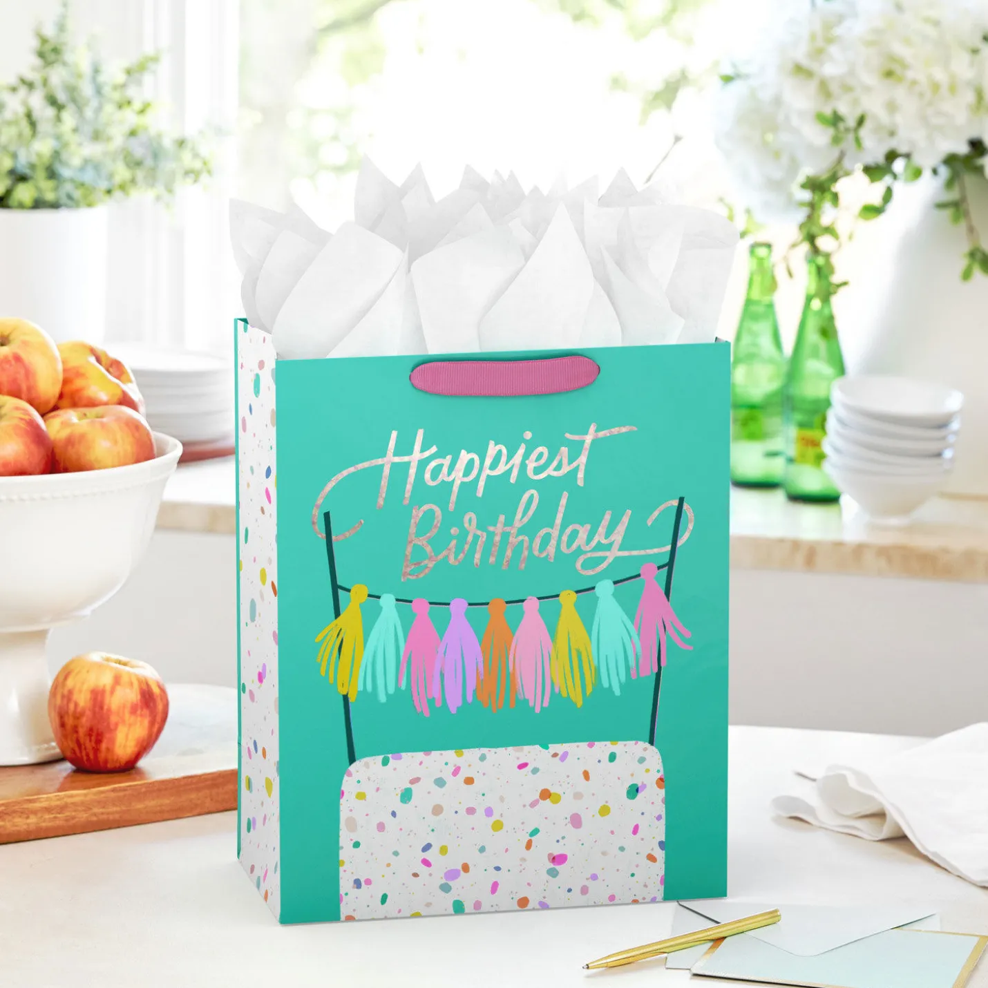 13" Birthday Cake on Aqua Large Gift Bag