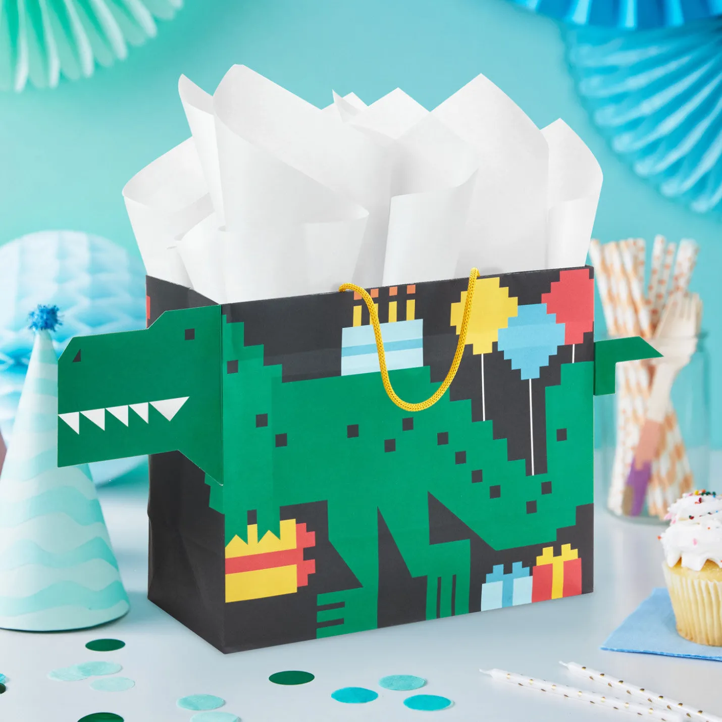 7.7" 8-Bit Dinosaur Medium Horizontal Birthday Gift Bag