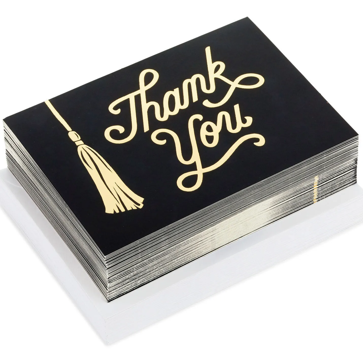 Black and Gold Tassel Blank Graduation Thank-You Notes, Pack of 40