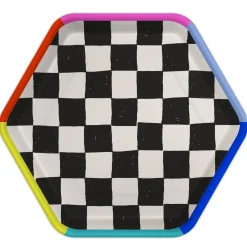 Black and White Checkered Hexagonal Dessert Plates, Pack of 8