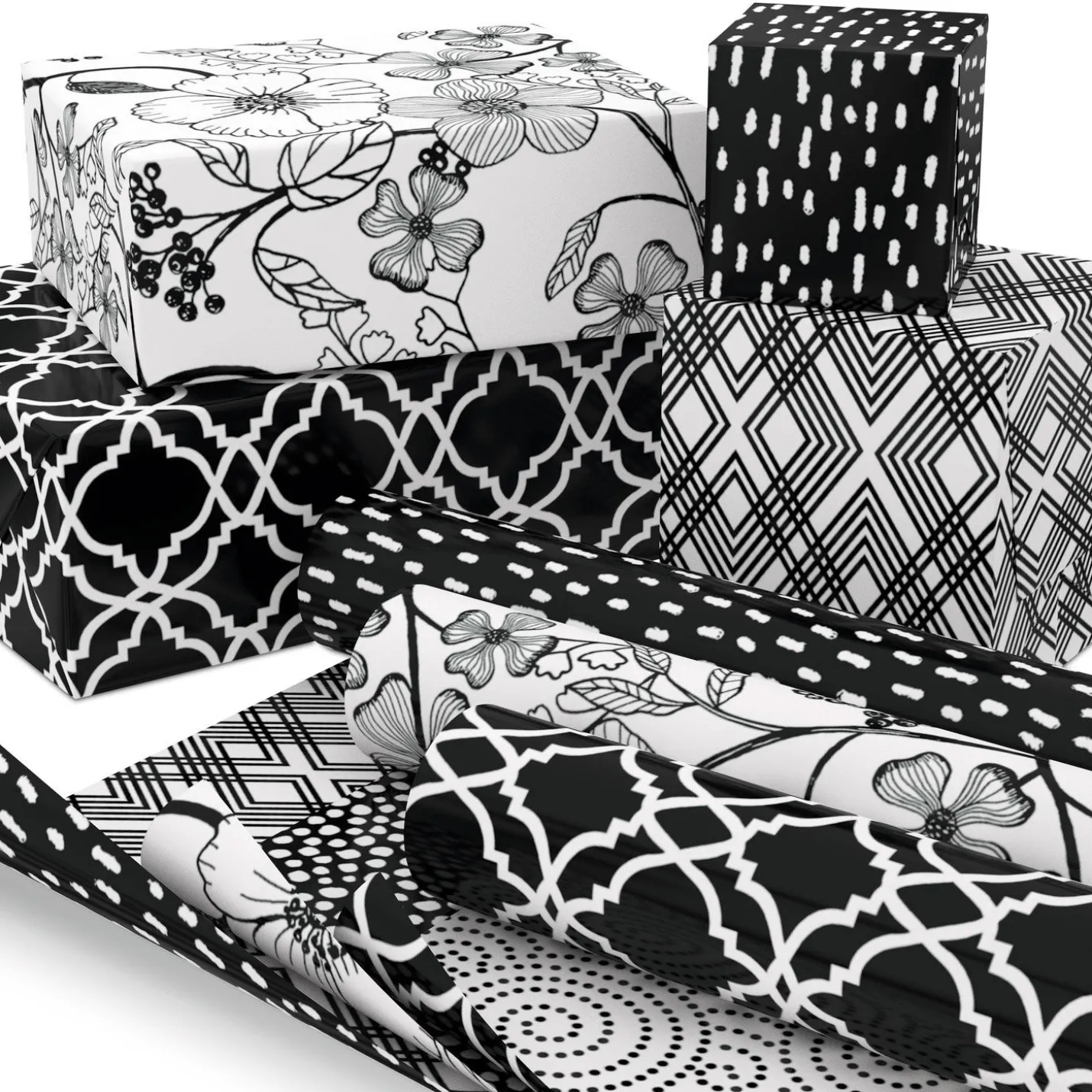 Black and White Prints 3-Pack Reversible Wrapping Paper, 75 sq. ft. total
