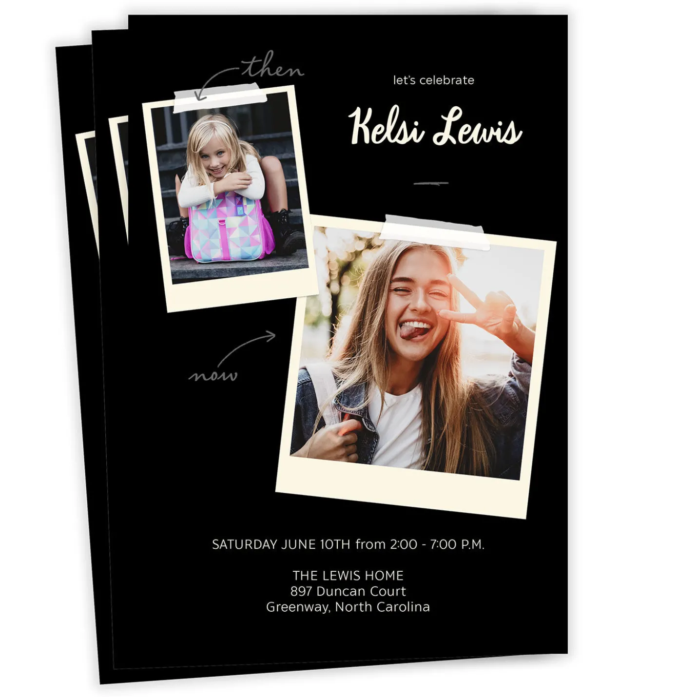 Black Then and Now Flat Graduation Party Invitation
