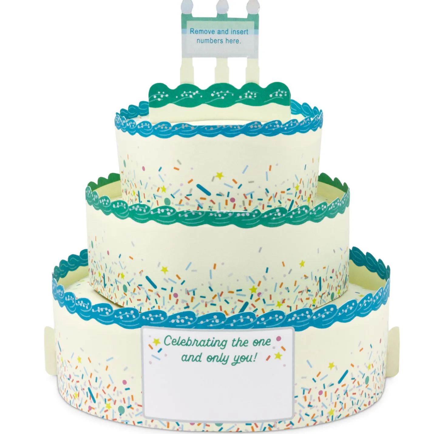 Blue and Green Confetti Cake Pick-a-Number Customizable Pop-Up Birthday Card