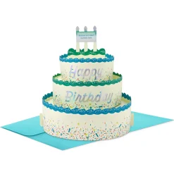 Blue and Green Confetti Cake Pick-a-Number Customizable Pop-Up Birthday Card