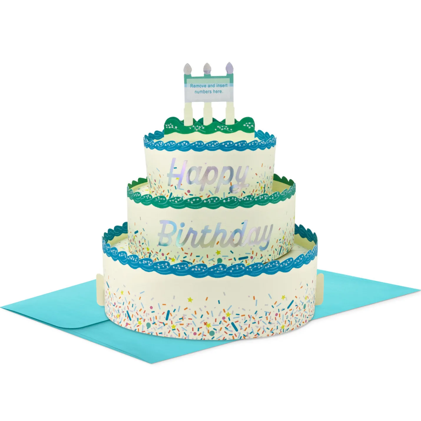 Blue and Green Confetti Cake Pick-a-Number Customizable Pop-Up Birthday Card