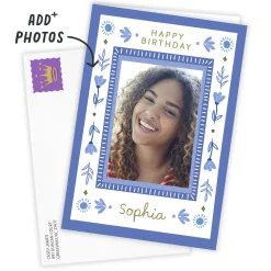 Blue Folk Art Flowers Custom Birthday Card