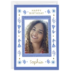 Blue Folk Art Flowers Custom Birthday Card