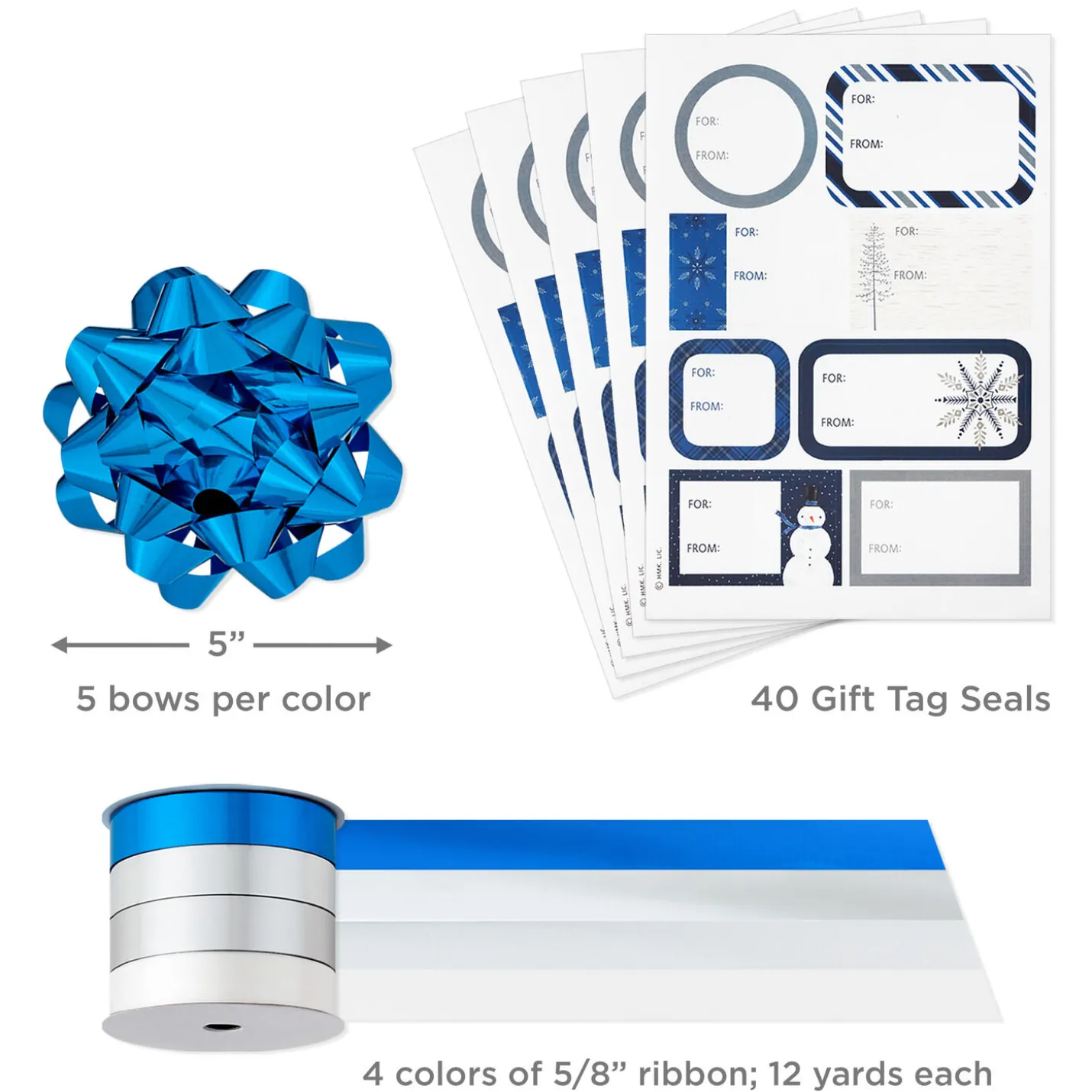 Blue and Silver Gift Wrap Kit With Holiday Wrapping Paper, Bows, Ribbons and Tags