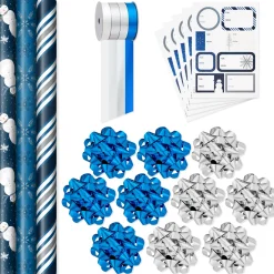 Blue and Silver Gift Wrap Kit With Holiday Wrapping Paper, Bows, Ribbons and Tags