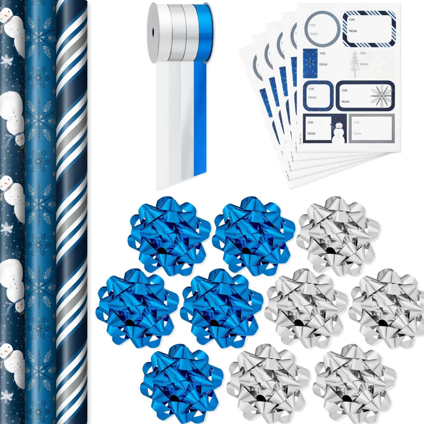 Blue and Silver Gift Wrap Kit With Holiday Wrapping Paper, Bows, Ribbons and Tags