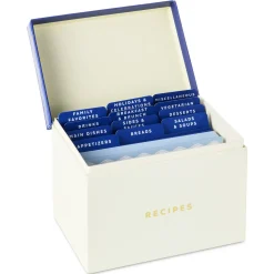 Blue and White Recipe Organizer Box With Recipe Cards