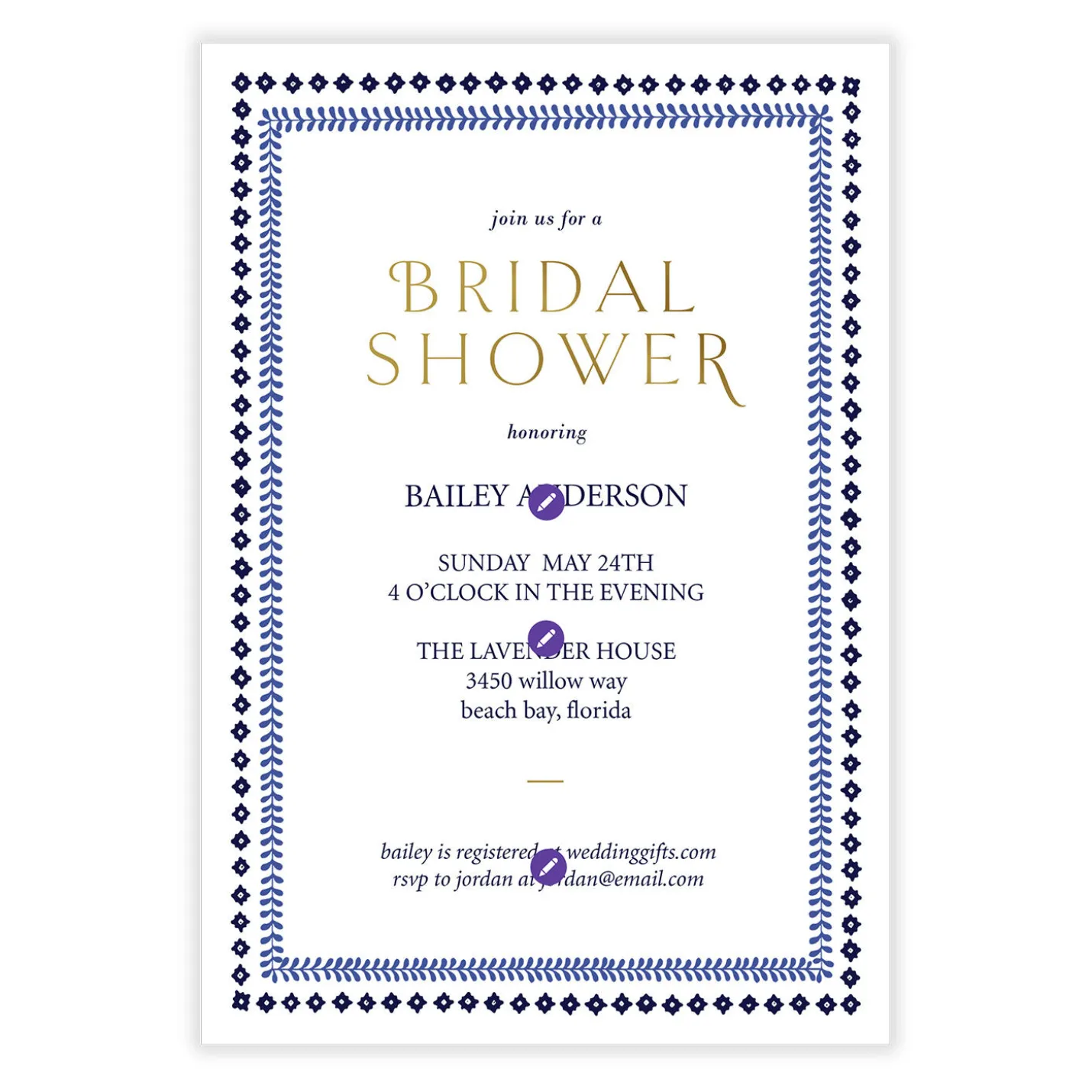 Blue Botanical Border Flat Bridal Shower Invitation