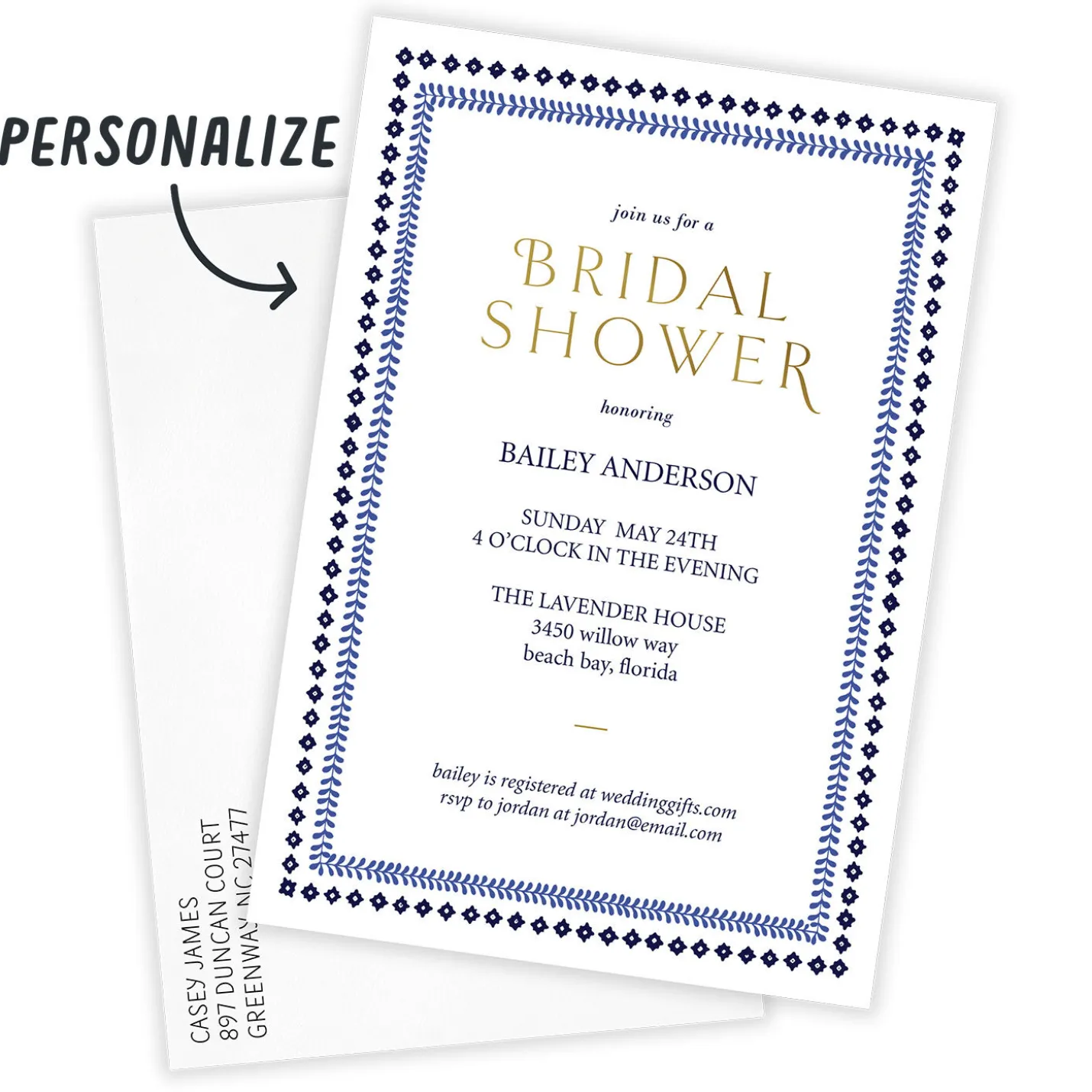 Blue Botanical Border Flat Bridal Shower Invitation