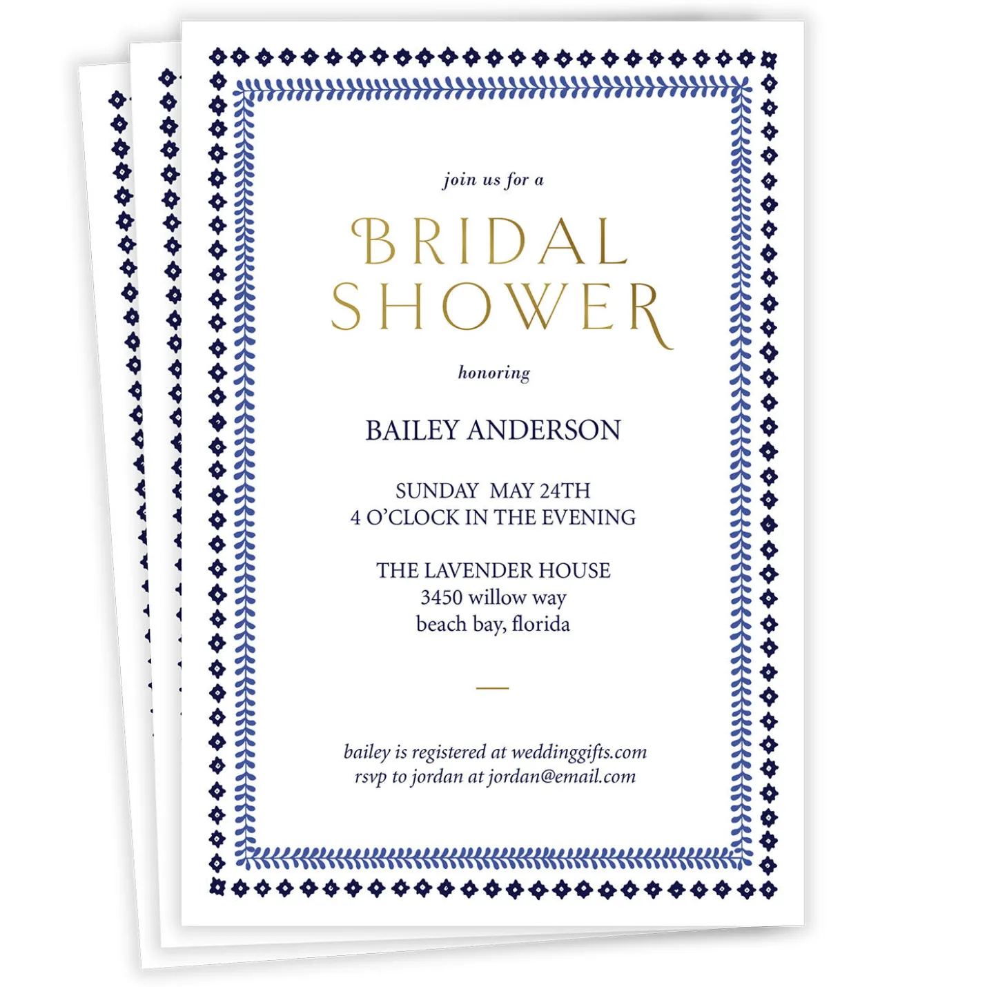 Blue Botanical Border Flat Bridal Shower Invitation