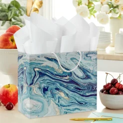 7.7" Blue, Green and Gold Marbled Medium Horizontal Gift Bag