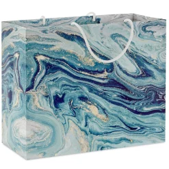 7.7" Blue, Green and Gold Marbled Medium Horizontal Gift Bag