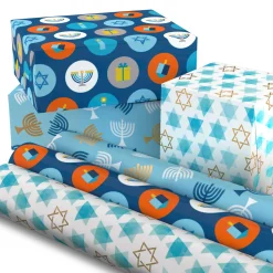 Blue Hanukkah Designs 3-Pack Wrapping Paper Assortment, 120 sq. ft.